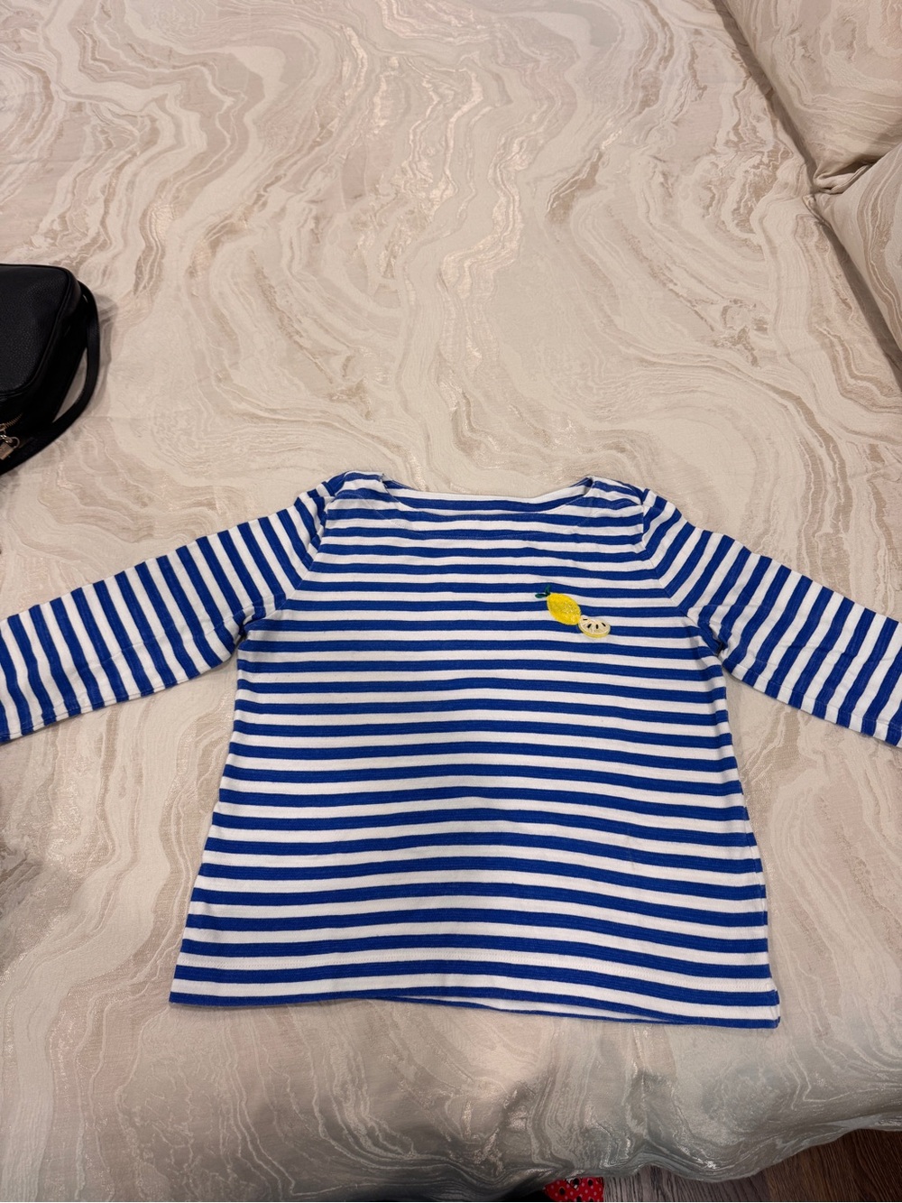 LOFT Blue and White Striped Long Sleeve Tee with Lemon Patch